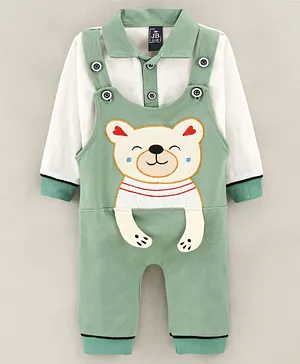 Jb Club Full Sleeves Polo Tee With Bear Patch Detail Dungaree Set - Green