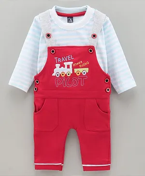 Jb Club  Full Sleeves Striped Tee & Travel Embroidered Dungaree Set - Red