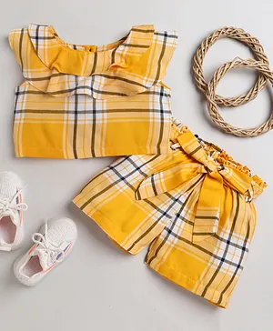Knitting Doodles Cap Sleeves Checkered Ruffle Top With Paperbag Short - Yellow