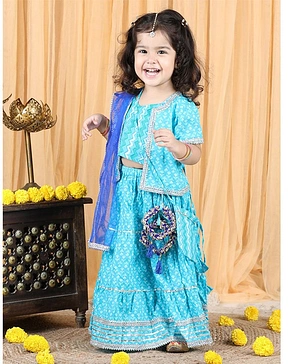 Kidcetra Half Sleeves Lace Embellished Floral Motif Print Choli And Lehenga With Dupatta And Potli - Blue