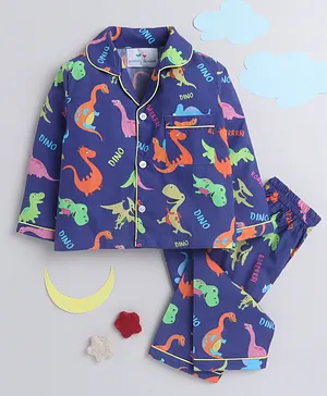 Knitting Doodles Pure Cotton Full Sleeves Dinosaur Theme Printed Night Suit - Blue