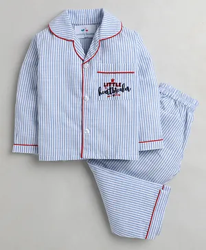 Knitting Doodles Full Sleeves Striped & Text Embroidered Night Suit - Blue & White