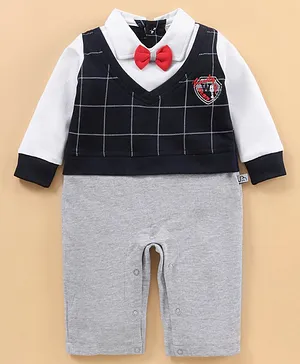 Jo&Bo Full Sleeves Patch Detail Checkered Party Romper With Bow - Navy Blue