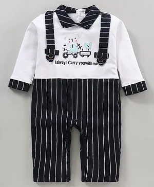 Jo&Bo Full Sleeves Striped And Bear Embroidered Party Romper - Navy Blue