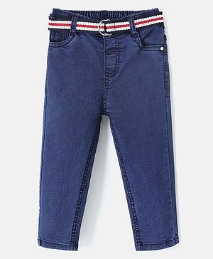 Babyhug Cotton Stretchable Full Length Washed Jeans With Belt With Mock Fly  - Dark Blue