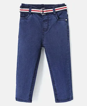 Babyhug Cotton Stretchable Full Length Washed Jeans With Belt  Fly With Zipper -  Dark Blue
