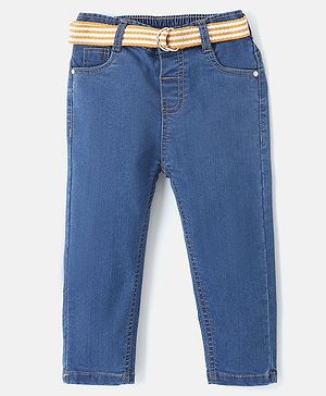 Babyhug Cotton Stretchable Full Length Washed Jeans With Belt  Fly With Zipper -  Medium Blue
