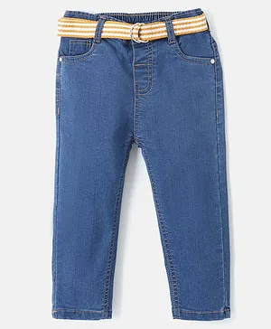 Babyhug Cotton Stretchable Full Length Washed Jeans With Belt- Medium Blue