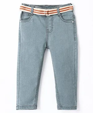 Babyhug Cotton Stretchable Full Length Washed Jeans With Belt - Light Blue