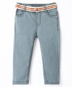 Babyhug Cotton Stretchable Full Length Washed Jeans With Belt   Fly With Zipper -  Light Blue