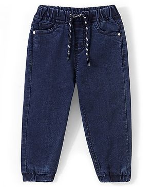 Babyhug Denim Full Length Solid Colour Joggers With Stretch - Dark Blue