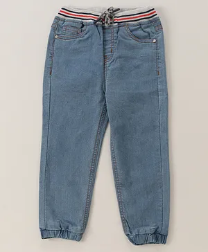 Babyhug Cotton Stretchable Full Length Washed Joggers - Medium Blue