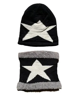 MOMISY Kids Winter Cap With Neck Warmer Big Star design Black - Circumference 38 Cm