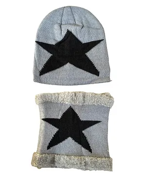 MOMISY Kids Winter Cap With Neck Warmer Big Star design Grey - Circumference 38 Cm