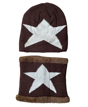 MOMISY Kids Winter Cap With Neck Warmer Big Star design Brown - Circumference 38 cm