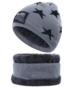 MOMISY Kids Winter Cap With Neck Warmer Star design Dark Grey- Circumference 36 cm