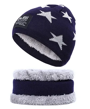 MOMISY Kids Winter Cap With Neck Warmer Star design Blue - Circumference 36 cm