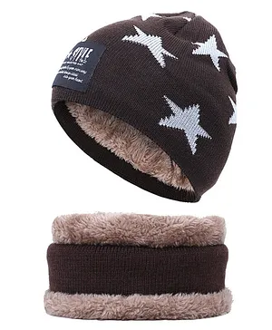 MOMISY Kids Winter Cap With Neck Warmer Star design Brown - Circumference 36 cm