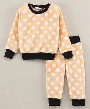 M'andy Full Sleeves Polka Dot Design Detailed Coordinating Faux Fur Track Suit - Beige