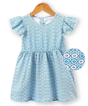 Earthy Touch Cotton Knit Short Sleeves Printed Dress - Light Blue