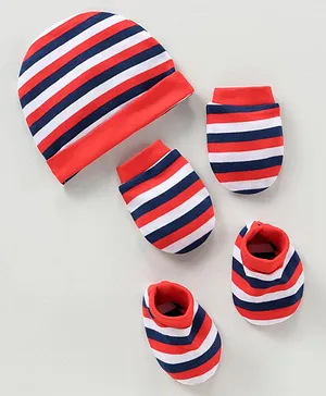 Babyhug 100% Cotton Cap Mittens & Booties Striped Red -  Diameter 11.5 cm