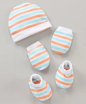 Babyhug 100% Cotton Cap Mittens And Booties White Blue Orange - Diameter 11.5 cm