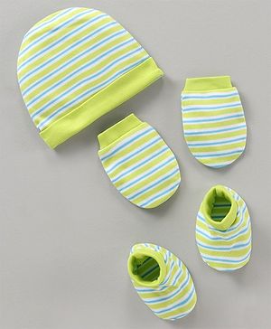 Babyhug 100% Cotton Cap Mittens & Booties Striped Green - Cap Diameter 9 cm