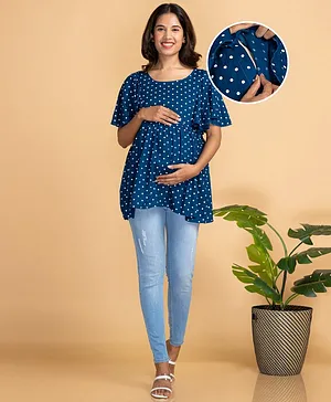 Bella Mama Half Sleeves Maternity Top Polka Print - Blue