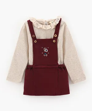 Bonfino 100% Cotton Embroidered Dungaree with Full Sleeves Inner Tee - Maroon