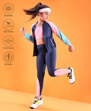 Pine Active High Stretch Breathable Sports Bra Jacket and Leggings 3 Pieces Set - Pink Blue