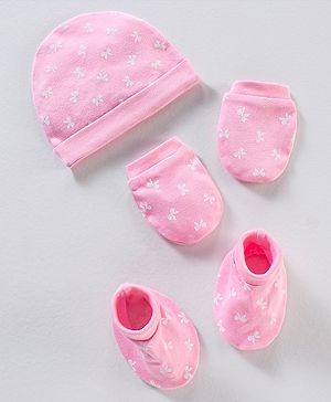 Babyhug 100% Cotton Cap Mittens And Booties Bow Print Pink - Diameter 9.5 cm