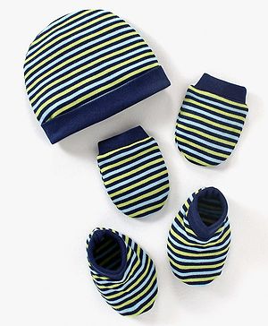 Babyhug 100% Cotton Cap Mittens & Booties Set Striped Navy Blue - Diameter 11 cm
