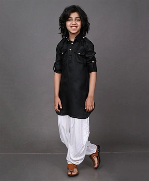 VESHAM Full Sleeves Solid Curved Hem Pathani With Patiala - Black