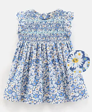 Bonfino 100% Cotton Woven Frill Sleeves Frock Floral Print - Blue
