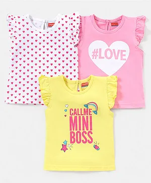 Babyhug 100% Cotton Knit Half Sleeves Love Print & Frill Detailing T-Shirt Pack Of 3 - Pink & Yellow