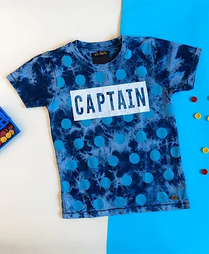 L'iL BRATS Half Sleeves Heavy Crumple Tie & Dyed With Captain Text Printed Tee - Blue