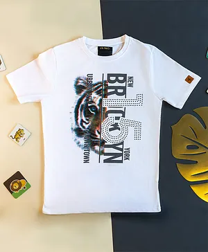 L'iL BRATS Half Sleeves Tiger Graphic & Brooklyn Text With Number Printed Tee - White
