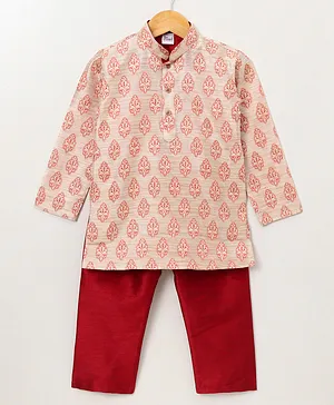 Pehanaava Full Sleeves Floral Motif Printed Kurta Pyjama Set - Red