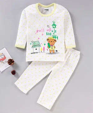 Tiny Bugs Full Sleeves Teddy And Dots Printed Thermal Set - Yellow