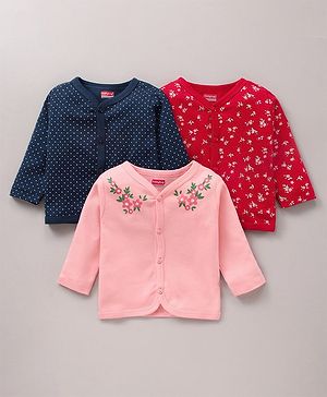 Babyhug 100% Cotton Knit Full Sleeves Vests Floral & Dotted Print Pack of 3 - Multicolour