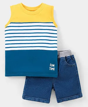 Babyhug Sleeveless Stripe T-Shirt & Denim Shorts - Blue