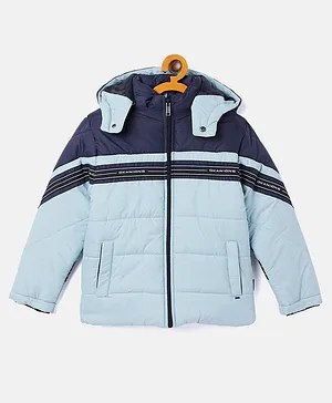 Okane Full Sleeves Hooded Puffer Jacket with Color Block Pattern - Sky Blue