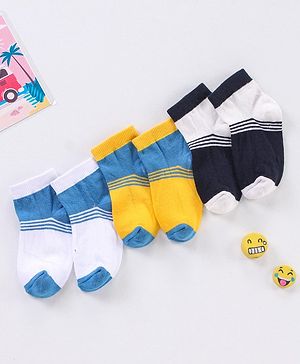 Cute Walk by Babyhug Non Terry Cotton Knit Ankle Length Anti Bacterial Socks Striped Design Pack of 3 - White Yellow & Black