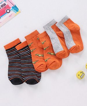 Cute Walk by Babyhug Non Terry Cotton Knit Ankle Length Anti Bacterial Socks Stripes & Dino Design Pack of 3 - Orange & Black