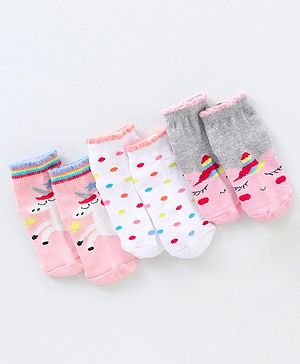 Cutewalk By Babyhug Cotton Anti Bacterial Ankle Length Socks Unicorn and Polka Dots Design Pack of 3- Pink