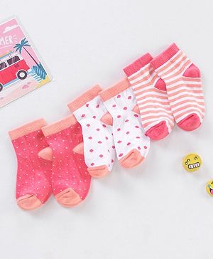 Cute Walk by Babyhug Non Terry Cotton Knit Ankle Length Anti Bacterial Socks Stripes & Dots Design Pack of 3 - Pink & White