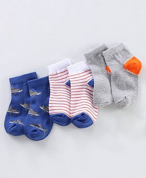 Cutewalk By Babyhug Anti Bacterial Ankle Length Non Terry Socks Striped Pack of 3- Blue & Grey