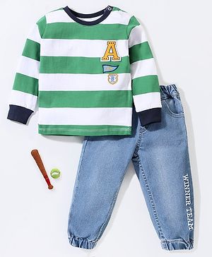 Babyhug Terry Full Sleeve T-Shirt and Denim Full Length Jeans With  Stripes  - Blue Green