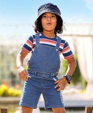 Babyhug Denim  Dungaree With Half Sleeves T-Shirt Striped  - Blue