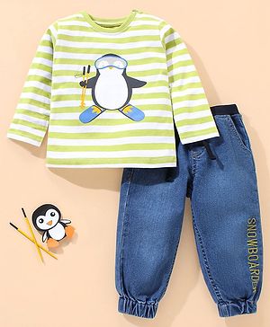 Babyhug Terry  Full Sleeve T-Shirt and Denim Full Length Bottomwear With Penguin & Stripes Print - Blue Green